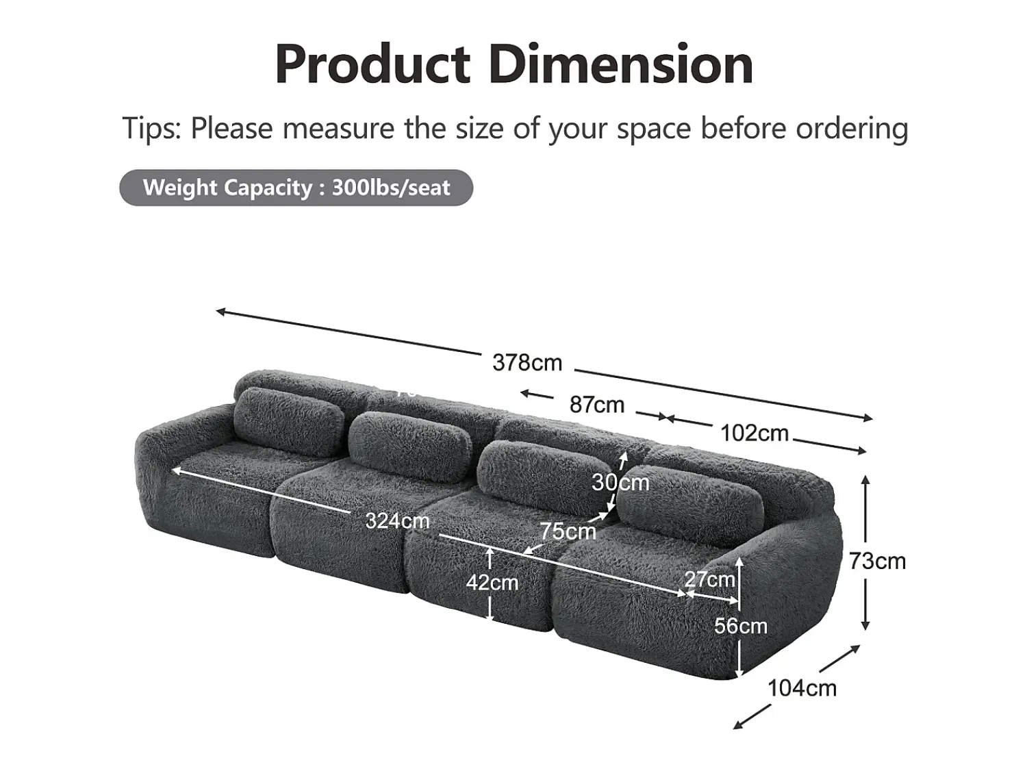Sofá|DripeX Sofá Modular 4 lugares em tecido peluche, com 4 almofadas, sem estrutura, 378x104x73cm, Cinza Cinzento