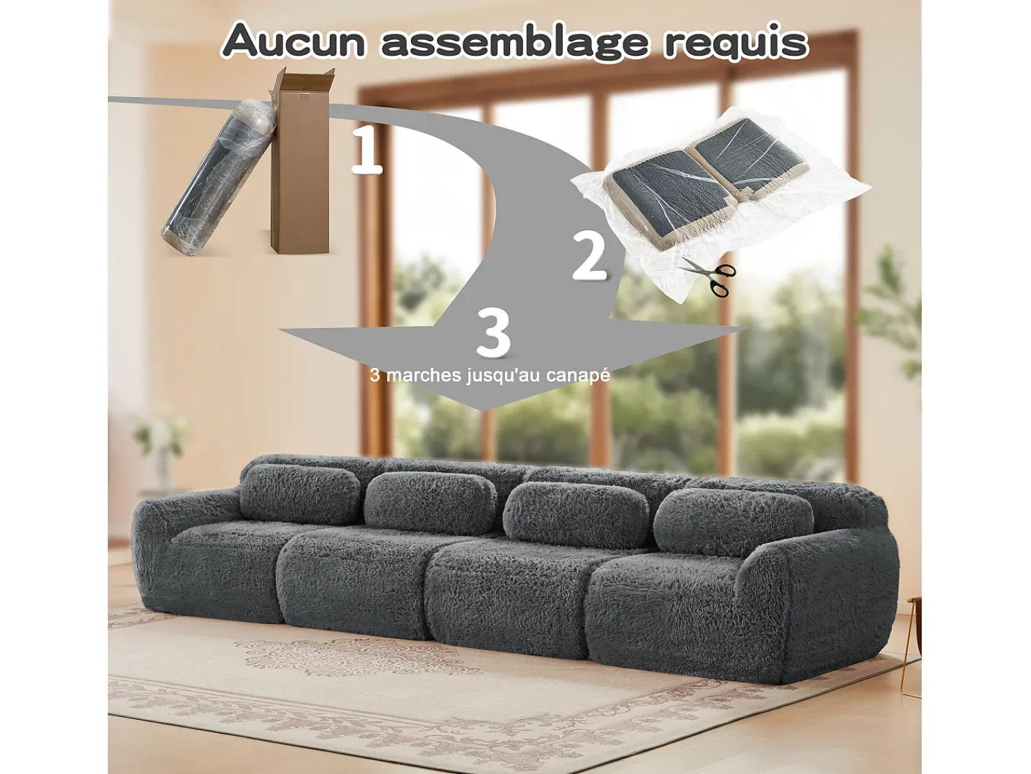 Sofá|DripeX Sofá Modular 4 lugares em tecido peluche, com 4 almofadas, sem estrutura, 378x104x73cm, Cinza Cinzento