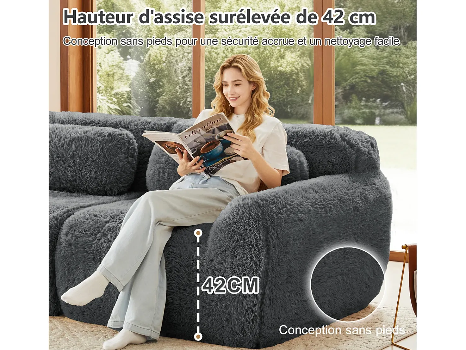 Sofá|DripeX Sofá Modular 4 lugares em tecido peluche, com 4 almofadas, sem estrutura, 378x104x73cm, Cinza Cinzento