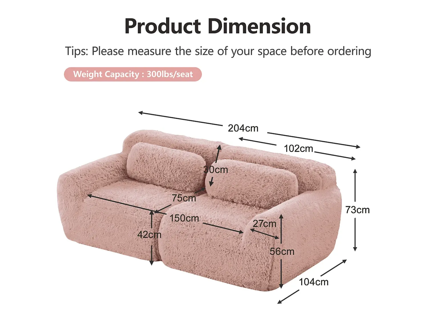 DripeX Sofá Modular 2 lugares em tecido peluche, com 2 almofadas, assento extra profundo 75cm, 204x104x73cm,^ Sofá