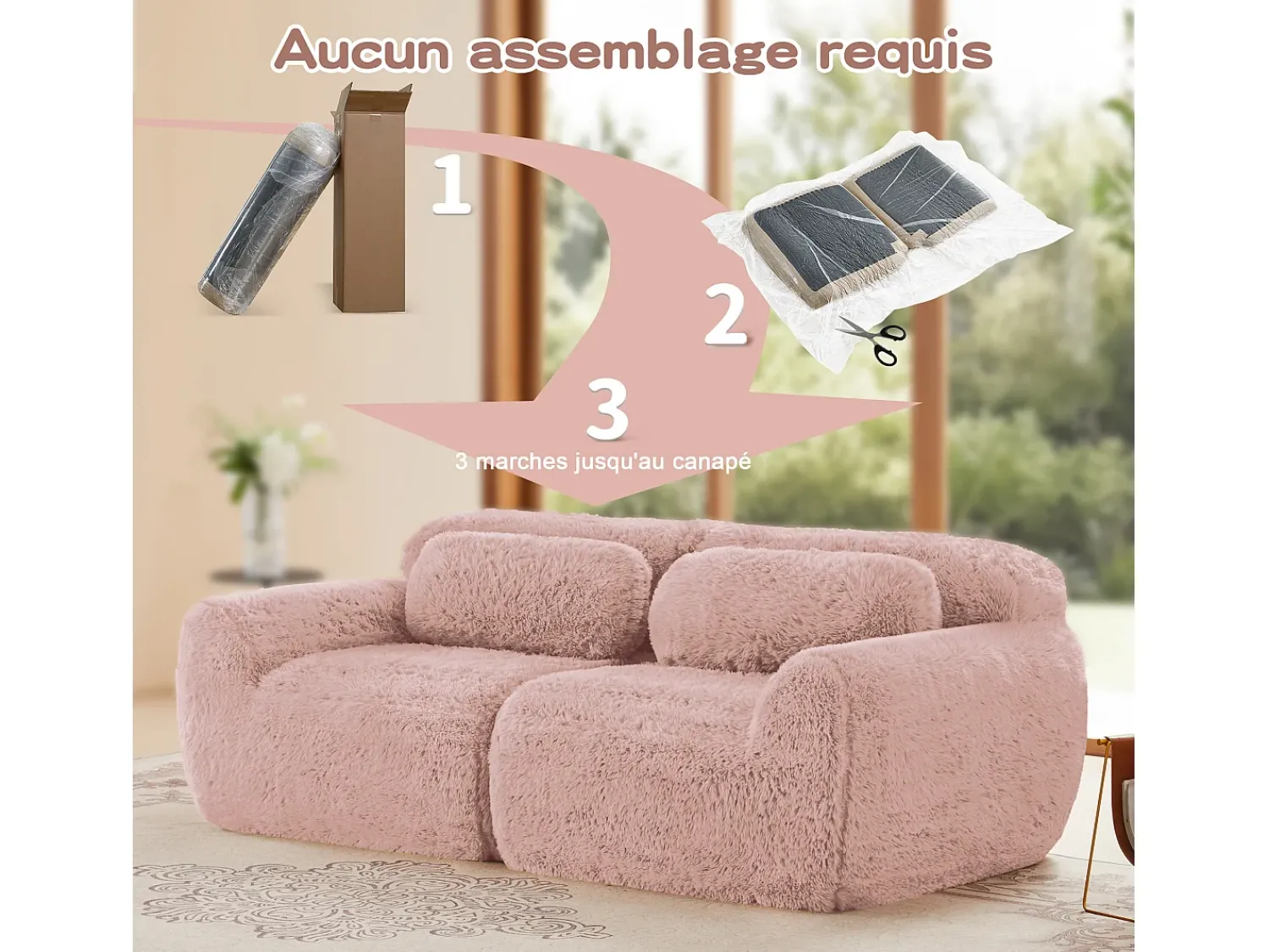 DripeX Sofá Modular 2 lugares em tecido peluche, com 2 almofadas, assento extra profundo 75cm, 204x104x73cm,^ Sofá