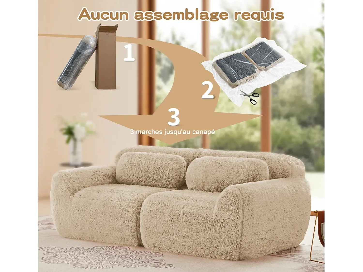 Sofá|DripeX Sofá Modular 2 lugares em tecido peluche, com 2 almofadas, assento extra profundo 75cm, 204x104x73cm, Caqui