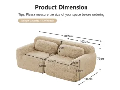 Sofá|DripeX Sofá Modular 2 lugares em tecido peluche, com 2 almofadas, assento extra profundo 75cm, 204x104x73cm, Caqui