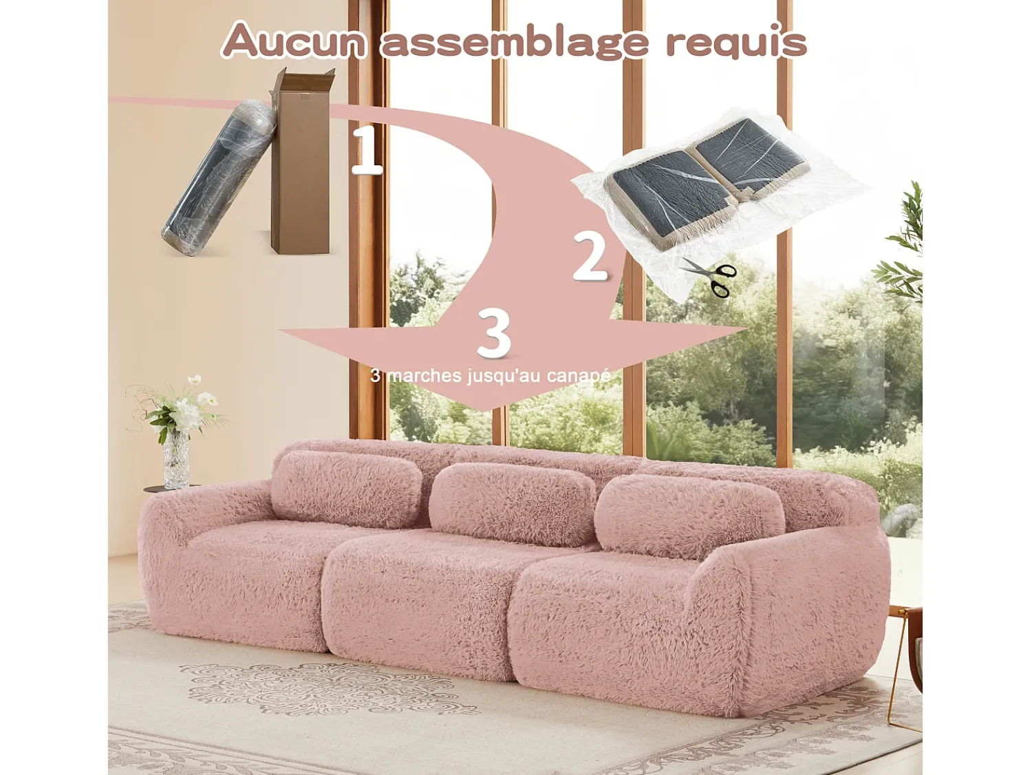 Sofá*DripeX Sofá Modular 3 lugares em tecido peluche, com 3 almofadas, sem estrutura, 291x104x73cm, Rosa