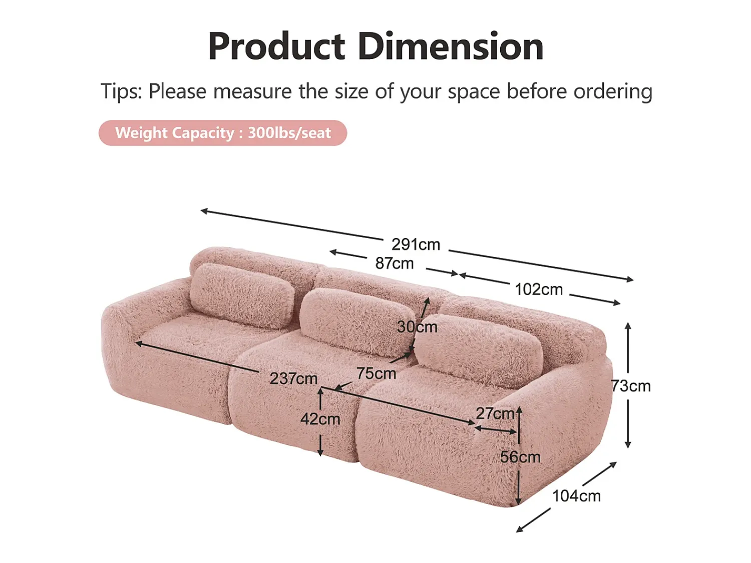 Sofá*DripeX Sofá Modular 3 lugares em tecido peluche, com 3 almofadas, sem estrutura, 291x104x73cm, Rosa