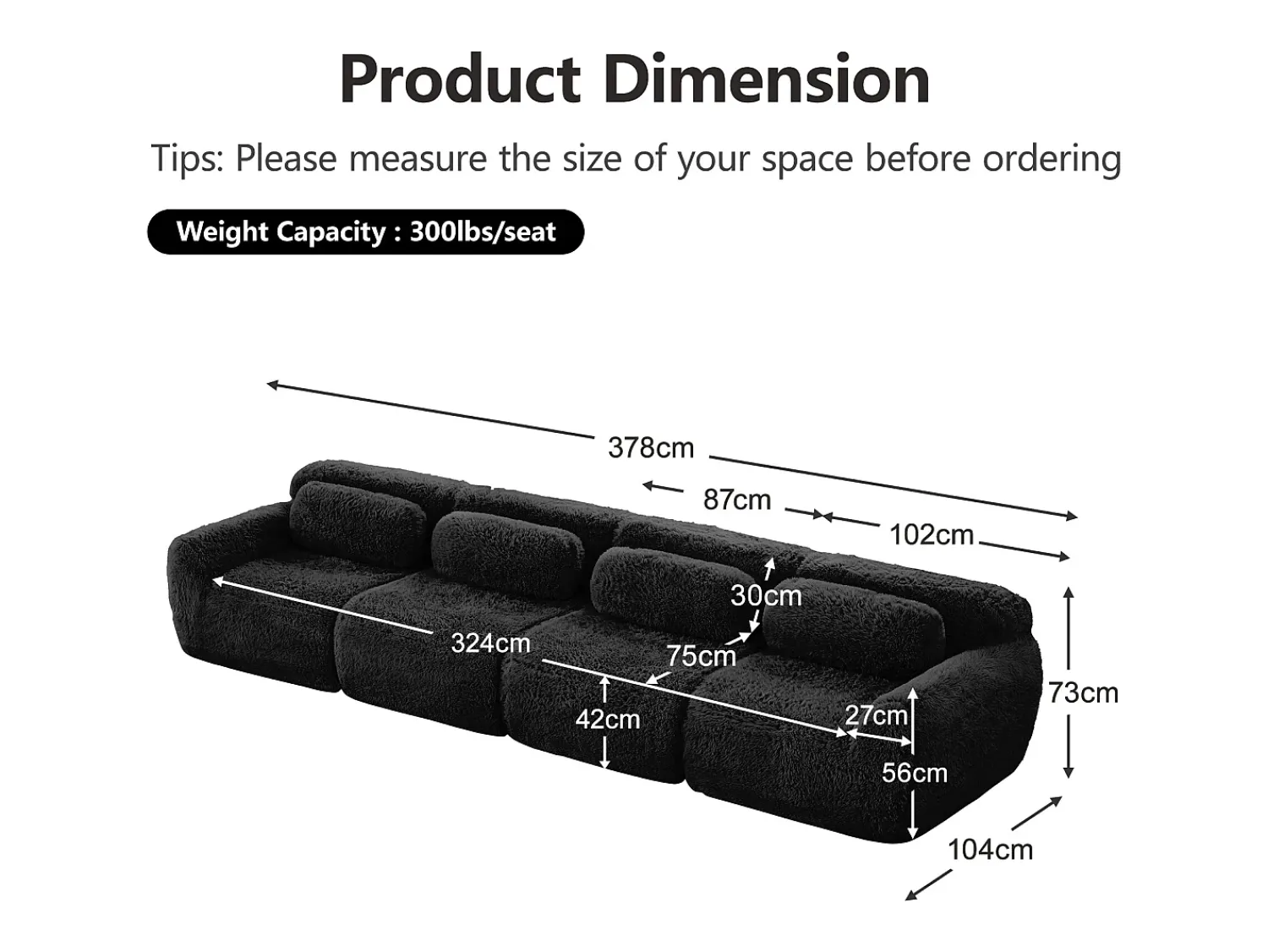 DripeX Sofá Modular 4 lugares em tecido peluche, com 4 almofadas, sem estrutura, 378x104x73cm,^ Sofá
