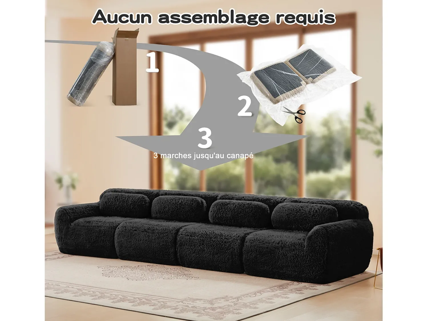 DripeX Sofá Modular 4 lugares em tecido peluche, com 4 almofadas, sem estrutura, 378x104x73cm,^ Sofá
