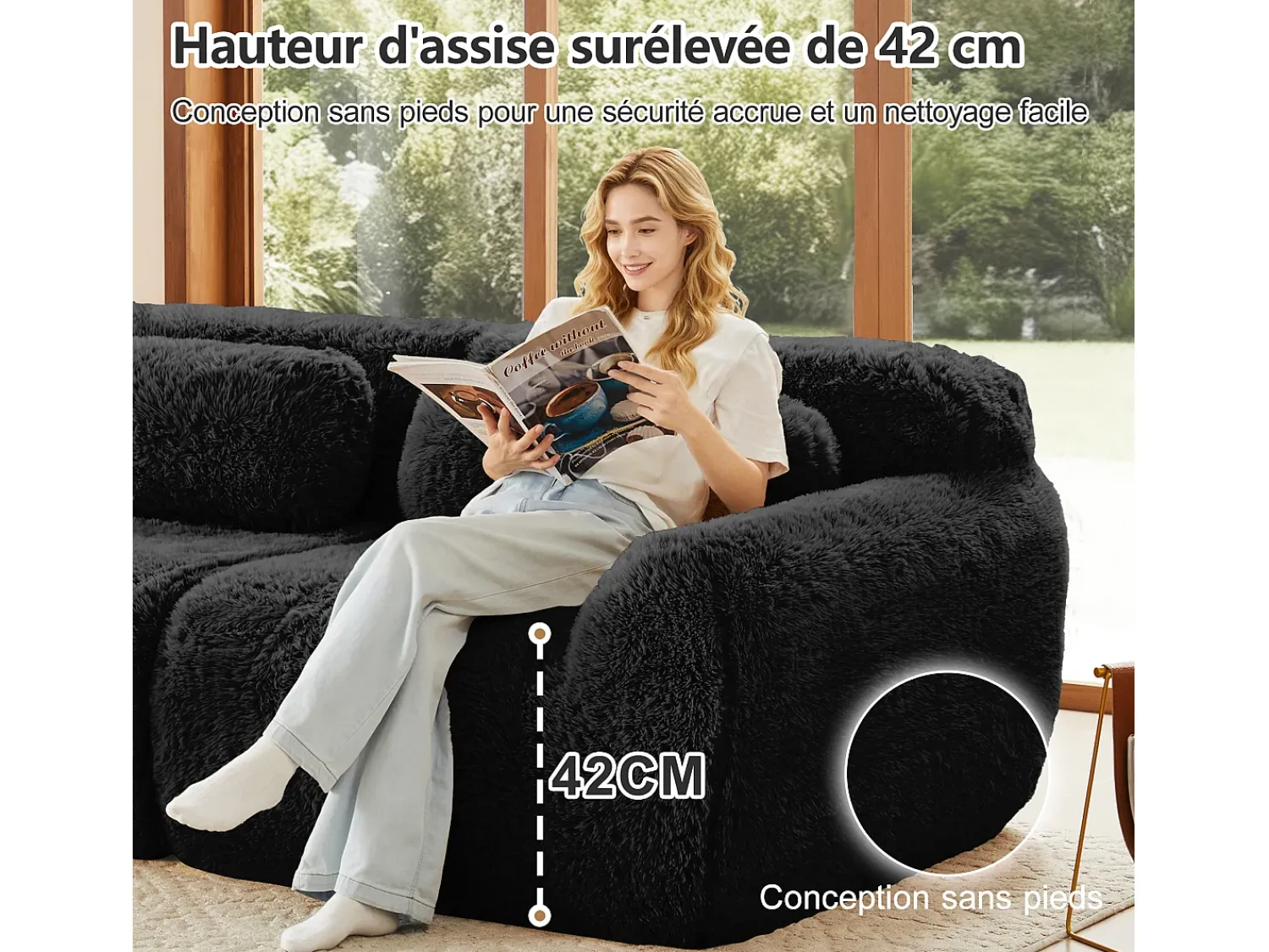 Sofá*DripeX Sofá Modular 3 lugares em tecido peluche, com 3 almofadas, sem estrutura, 291x104x73cm, Preto