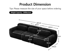 Sofá*DripeX Sofá Modular 3 lugares em tecido peluche, com 3 almofadas, sem estrutura, 291x104x73cm, Preto