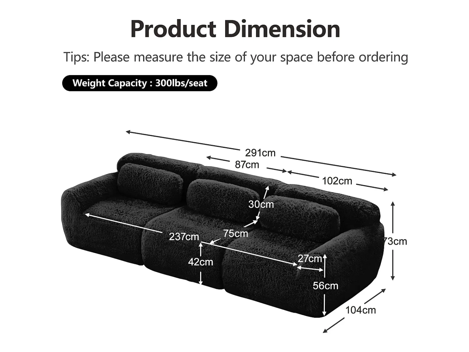 Sofá*DripeX Sofá Modular 3 lugares em tecido peluche, com 3 almofadas, sem estrutura, 291x104x73cm, Preto