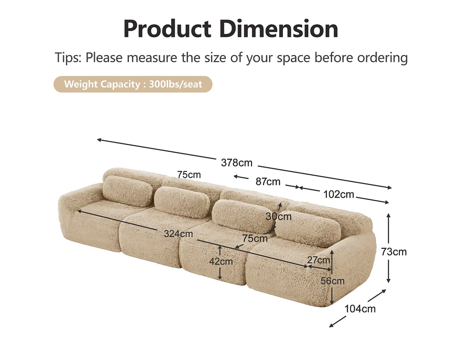 Sofá|DripeX Sofá Modular 4 lugares em tecido peluche, com 4 almofadas, sem estrutura, 378x104x73cm, Caqui