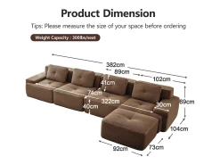 Sofá|DripeX Sofá Modular 4 lugares em Veludo cotelê, com puff e 4 almofadas, 382x177x69cm, Marrom Castanho