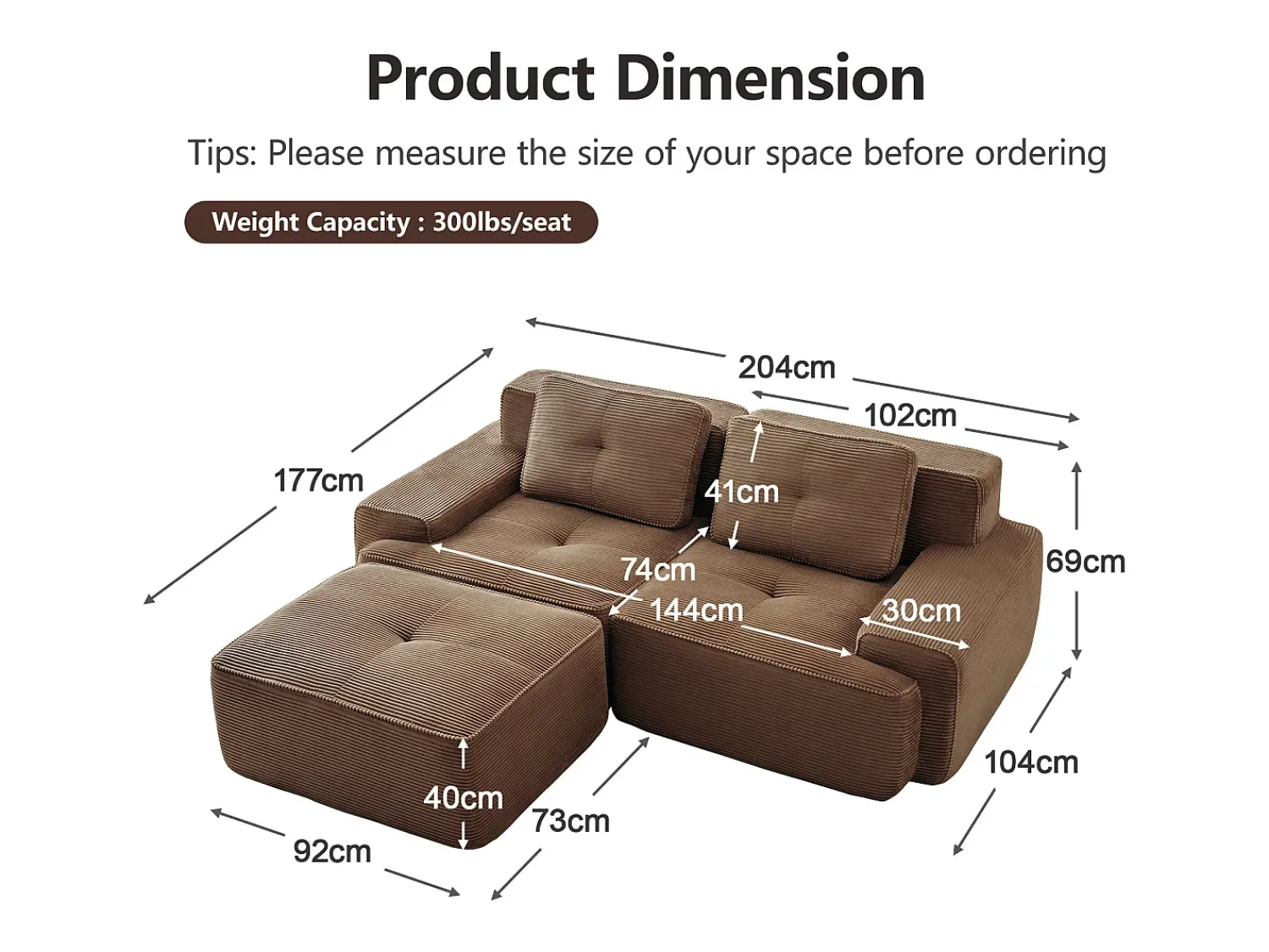 Sofá|DripeX Sofá Modular 2 lugares em Veludo cotelê, com puff e 2 almofadas, 204x177x69cm, Marrom Castanho