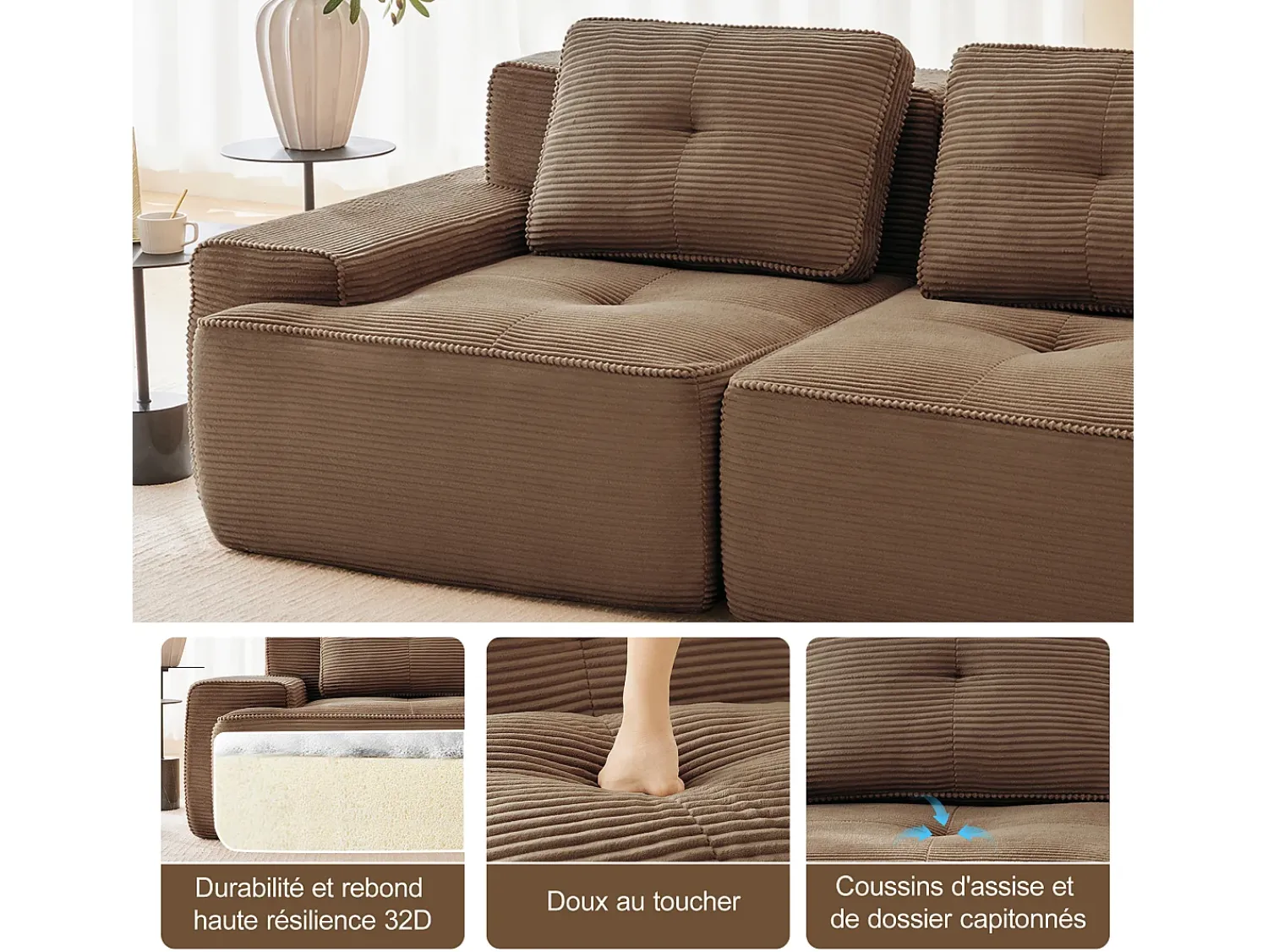 Sofá|DripeX Sofá Modular 2 lugares em Veludo cotelê, com puff e 2 almofadas, 204x177x69cm, Marrom Castanho