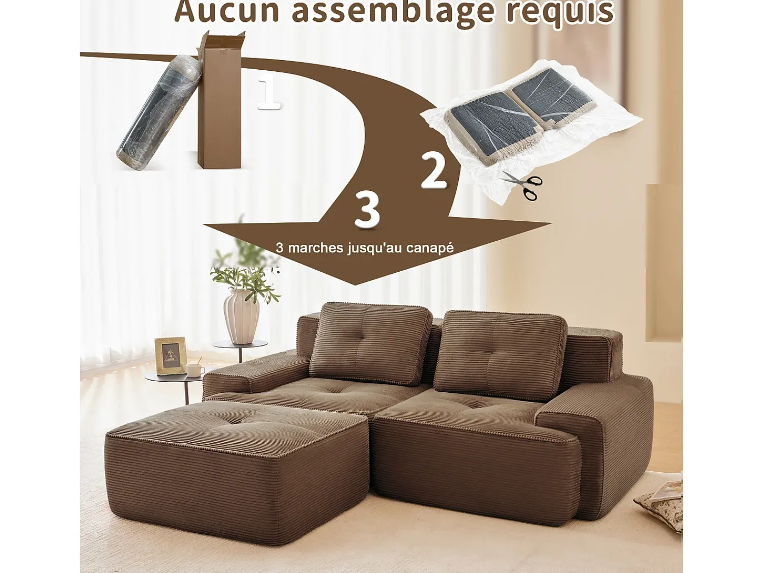Sofá|DripeX Sofá Modular 2 lugares em Veludo cotelê, com puff e 2 almofadas, 204x177x69cm, Marrom Castanho