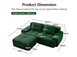 Sofá*DripeX Sofá Modular 2 lugares em Veludo cotelê, com puff e 2 almofadas, 204x177x69cm, Verde