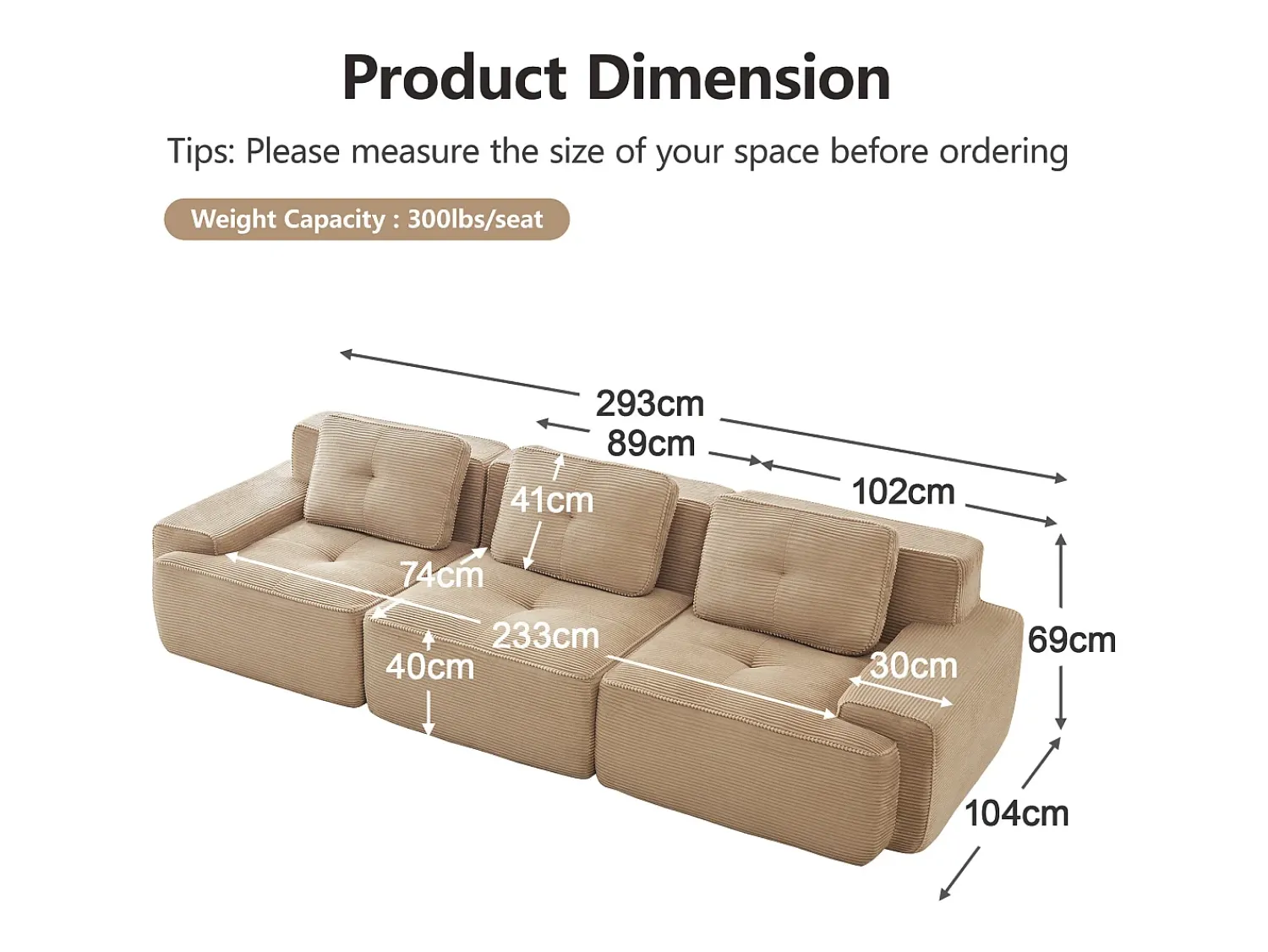 DripeX Sofá Modular 3 lugares em Veludo cotelê, com 3 almofadas, assento extra profundo 74cm, 293x104x69cm,^ Sofá