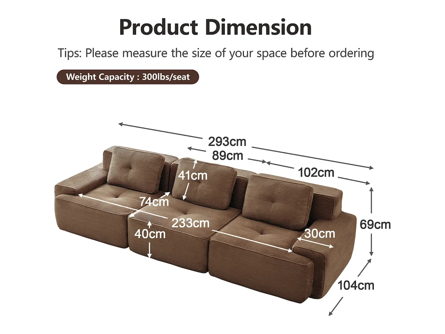 Sofá*DripeX Sofá Modular 3 lugares em Veludo cotelê, com 3 almofadas, assento extra profundo 74cm, 293x104x69cm, Marrom Castanho