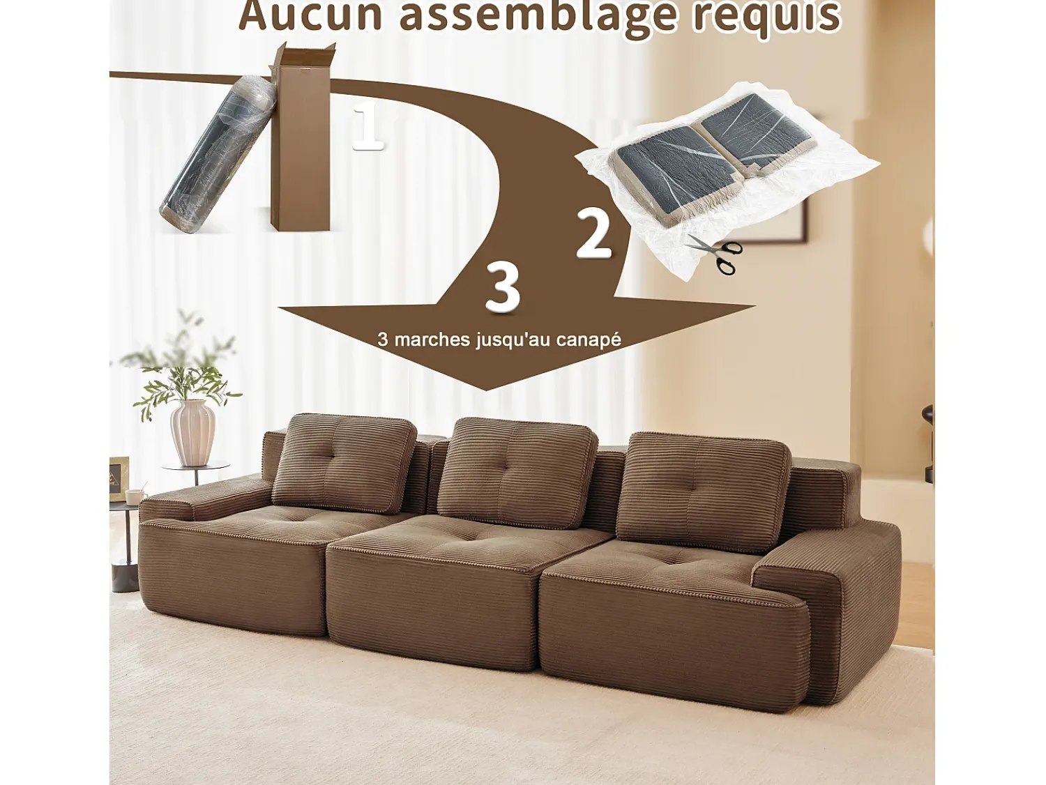 Sofá*DripeX Sofá Modular 3 lugares em Veludo cotelê, com 3 almofadas, assento extra profundo 74cm, 293x104x69cm, Marrom Castanho
