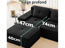 Sofá|DripeX Sofá Modular 2 lugares em Veludo cotelê, com puff e 2 almofadas, 204x177x69cm, Preto