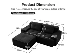Sofá|DripeX Sofá Modular 2 lugares em Veludo cotelê, com puff e 2 almofadas, 204x177x69cm, Preto