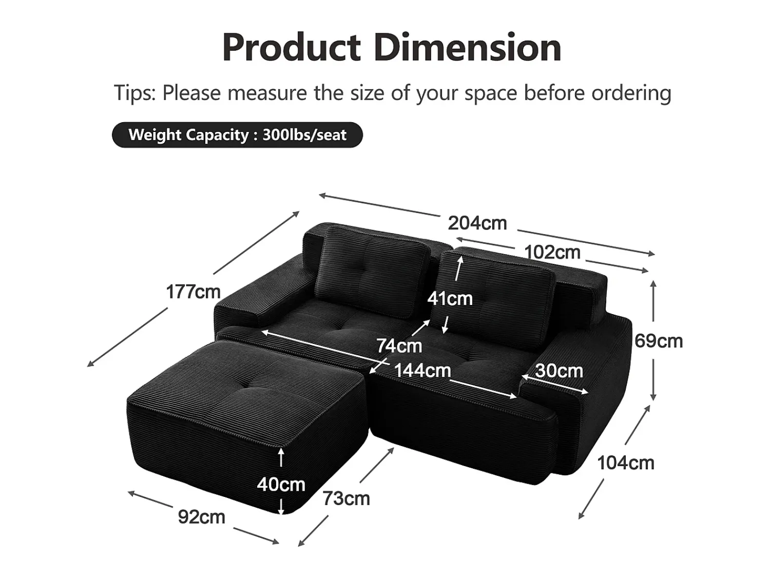 Sofá|DripeX Sofá Modular 2 lugares em Veludo cotelê, com puff e 2 almofadas, 204x177x69cm, Preto