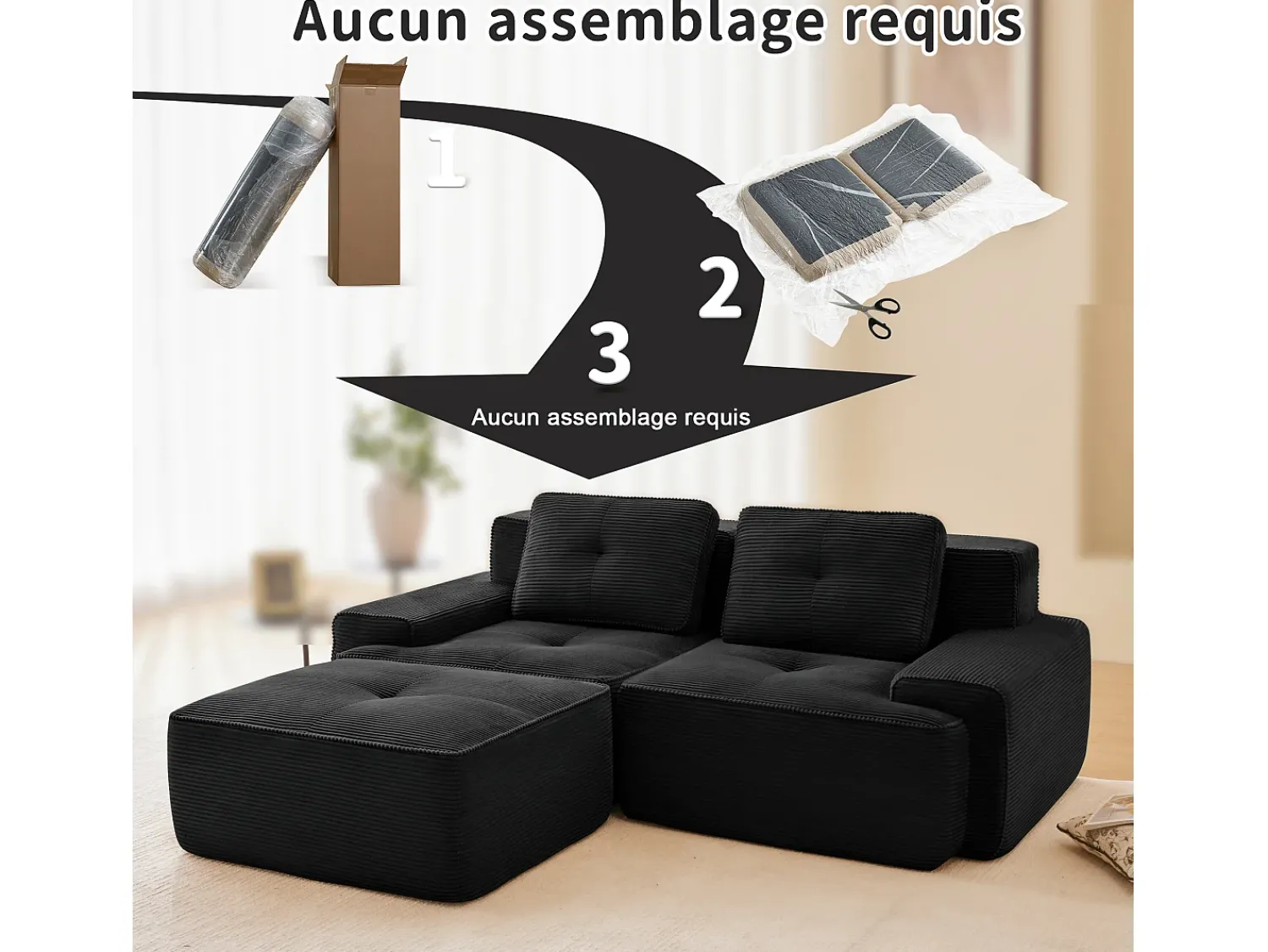 Sofá|DripeX Sofá Modular 2 lugares em Veludo cotelê, com puff e 2 almofadas, 204x177x69cm, Preto