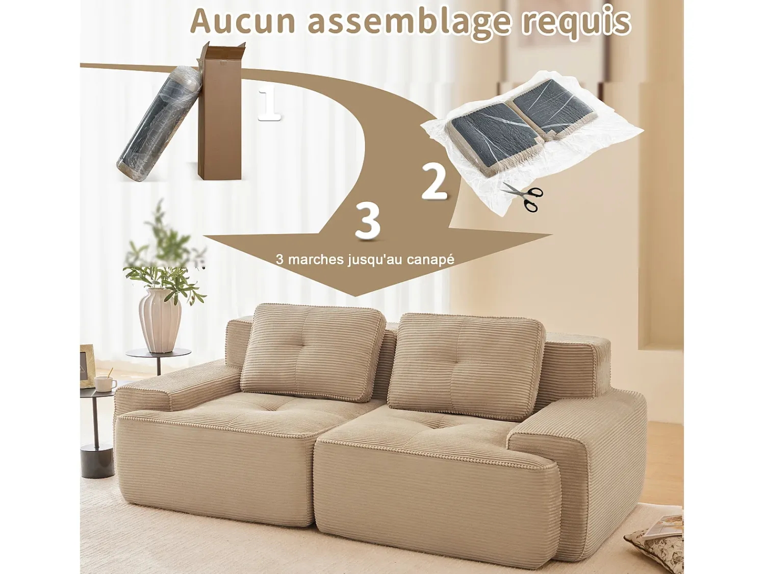 Sofá*DripeX Sofá Modular 2 lugares em Veludo cotelê com 2 almofadas, sem montagem, 204x104x69cm, Bege