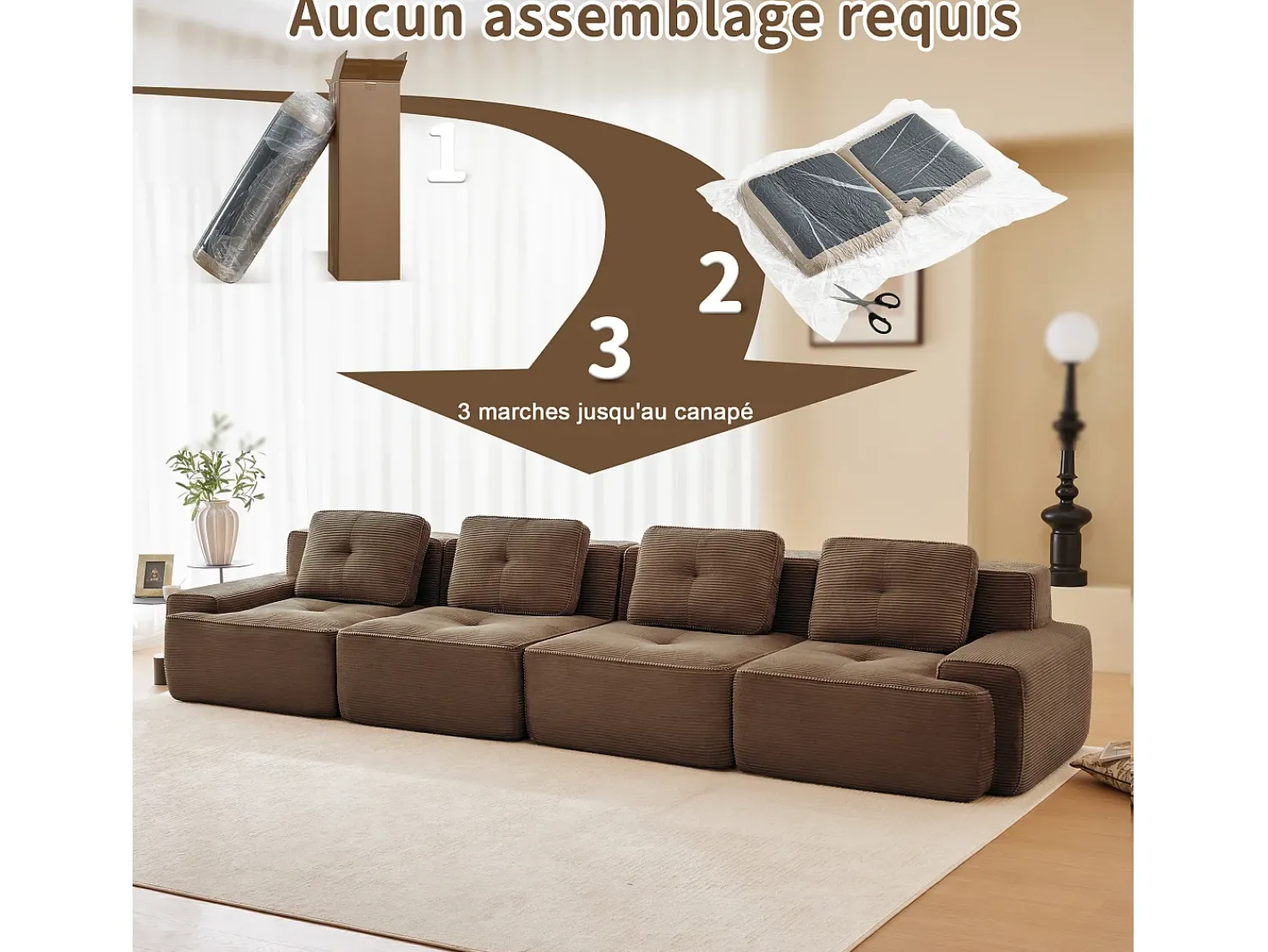 Sofá|DripeX Sofá Modular 4 lugares em Veludo cotelê, com 4 almofadas, 382x104x69cm, Marrom Castanho