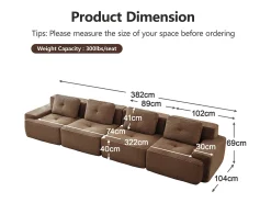 Sofá|DripeX Sofá Modular 4 lugares em Veludo cotelê, com 4 almofadas, 382x104x69cm, Marrom Castanho