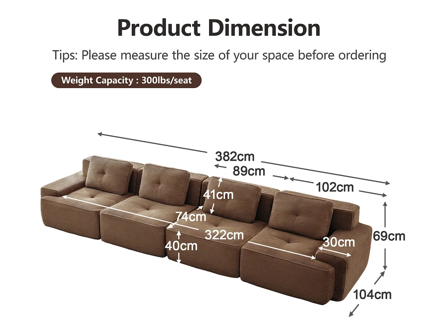 Sofá|DripeX Sofá Modular 4 lugares em Veludo cotelê, com 4 almofadas, 382x104x69cm, Marrom Castanho