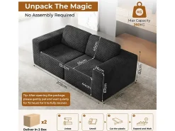 Sofá*DripeX Sofá Modular 2 lugares em Veludo Cotelê, com 2 almofadas, 202x101x82cm, Preto
