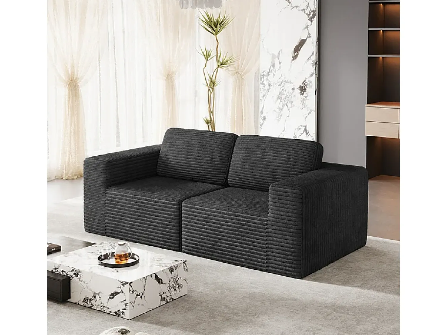 Sofá*DripeX Sofá Modular 2 lugares em Veludo Cotelê, com 2 almofadas, 202x101x82cm, Preto