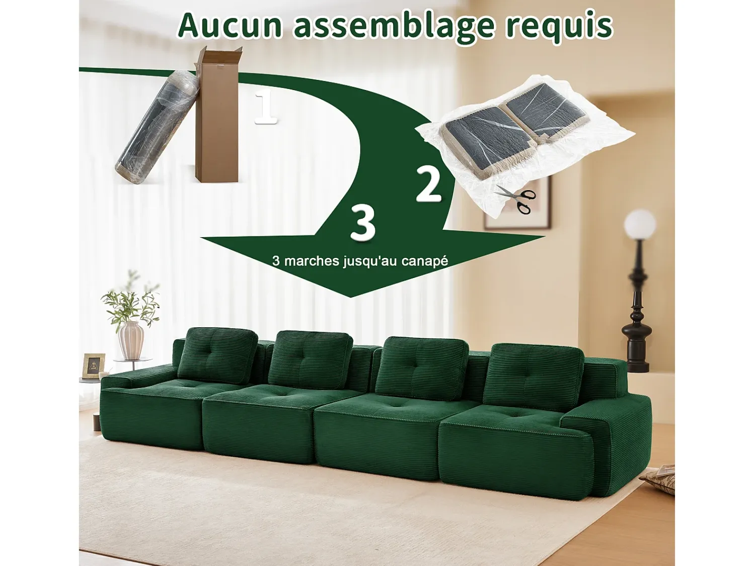Sofá*DripeX Sofá Modular 4 lugares em Veludo cotelê, com 4 almofadas, 382x104x69cm, Verde