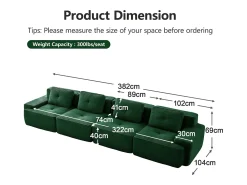 Sofá*DripeX Sofá Modular 4 lugares em Veludo cotelê, com 4 almofadas, 382x104x69cm, Verde