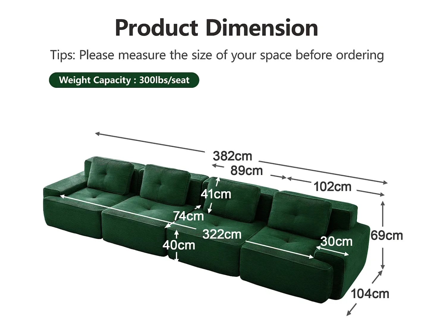 Sofá*DripeX Sofá Modular 4 lugares em Veludo cotelê, com 4 almofadas, 382x104x69cm, Verde