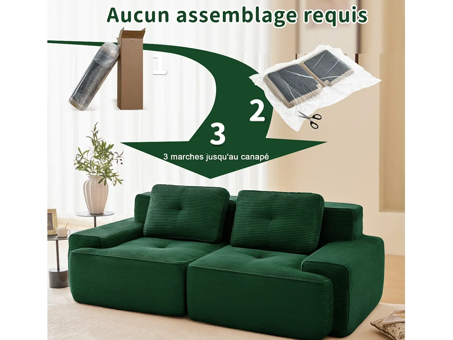 DripeX Sofá Modular 2 lugares em Veludo cotelê com 2 almofadas, sem montagem, 204x104x69cm,^ Sofá