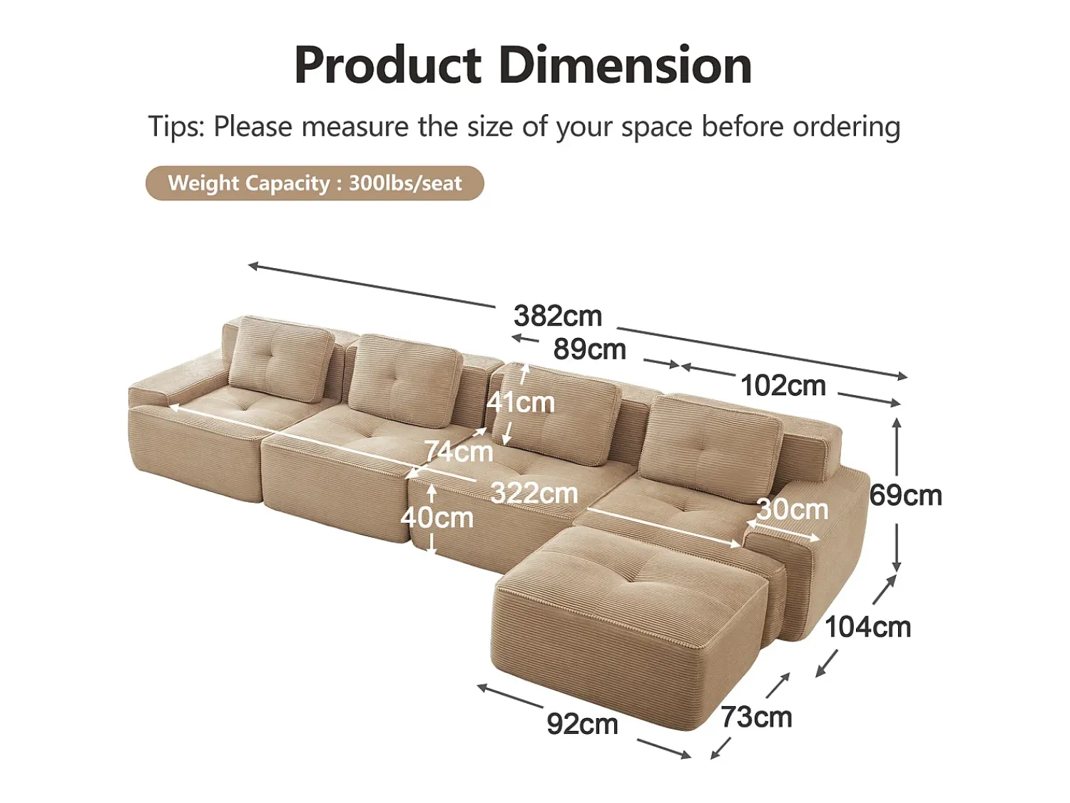 Sofá|DripeX Sofá Modular 4 lugares em Veludo cotelê, com puff e 4 almofadas, 382x177x69cm, Bege
