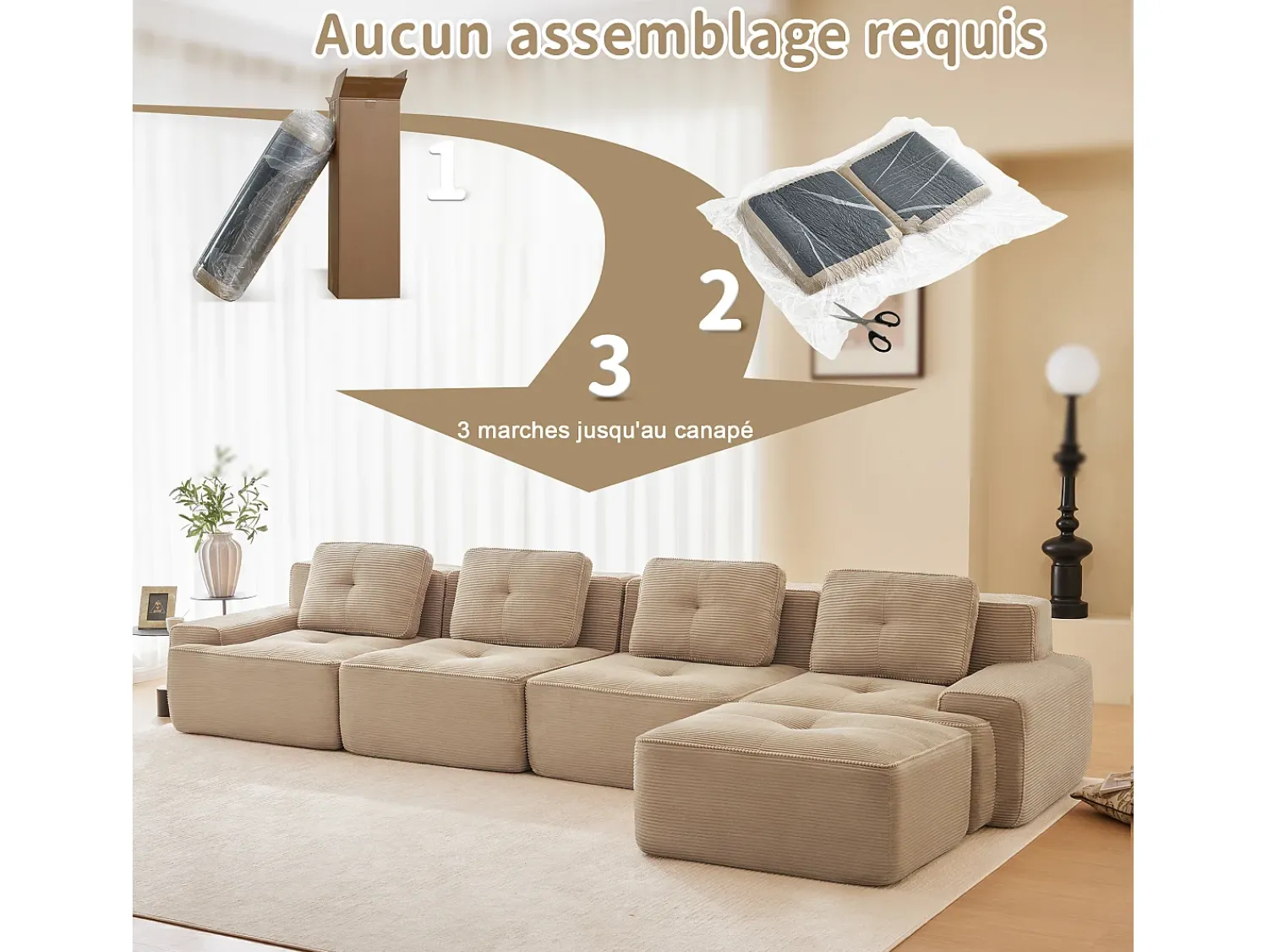 Sofá|DripeX Sofá Modular 4 lugares em Veludo cotelê, com puff e 4 almofadas, 382x177x69cm, Bege