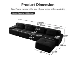 Sofá*DripeX Sofá Modular 4 lugares em Veludo cotelê, com puff e 4 almofadas, 382x177x69cm, Preto
