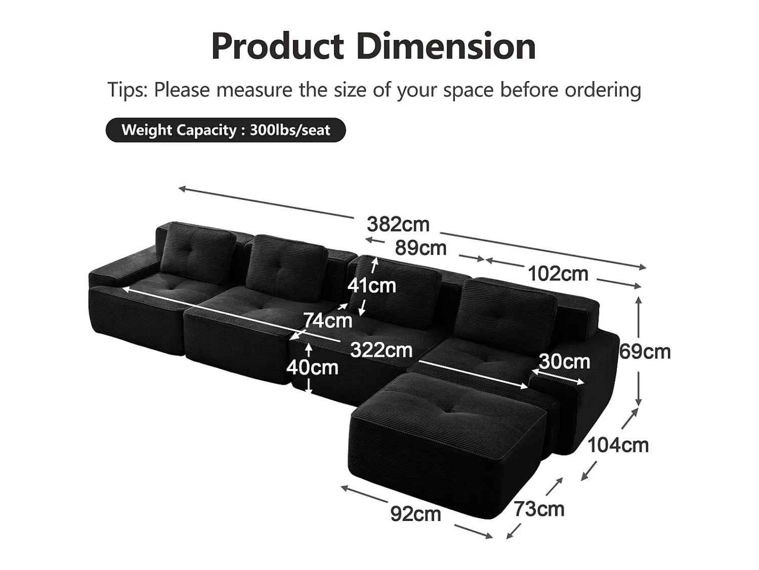 Sofá*DripeX Sofá Modular 4 lugares em Veludo cotelê, com puff e 4 almofadas, 382x177x69cm, Preto