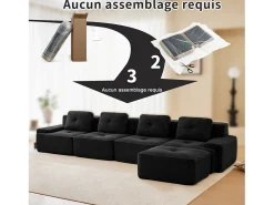 Sofá*DripeX Sofá Modular 4 lugares em Veludo cotelê, com puff e 4 almofadas, 382x177x69cm, Preto