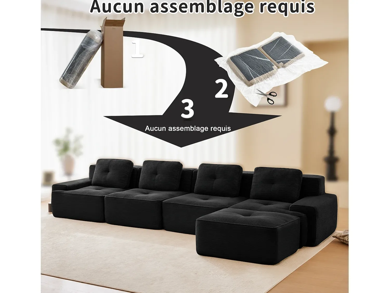 Sofá*DripeX Sofá Modular 4 lugares em Veludo cotelê, com puff e 4 almofadas, 382x177x69cm, Preto