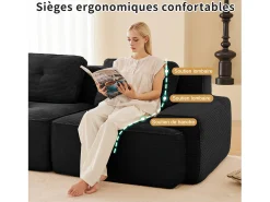 Sofá|DripeX Sofá Modular 3 lugares em Veludo cotelê, com 3 almofadas, assento extra profundo 74cm, 293x104x69cm, Preto