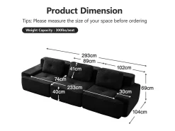 Sofá|DripeX Sofá Modular 3 lugares em Veludo cotelê, com 3 almofadas, assento extra profundo 74cm, 293x104x69cm, Preto