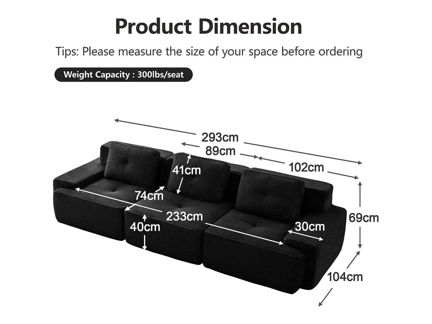 Sofá|DripeX Sofá Modular 3 lugares em Veludo cotelê, com 3 almofadas, assento extra profundo 74cm, 293x104x69cm, Preto