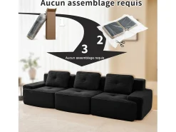 Sofá|DripeX Sofá Modular 3 lugares em Veludo cotelê, com 3 almofadas, assento extra profundo 74cm, 293x104x69cm, Preto