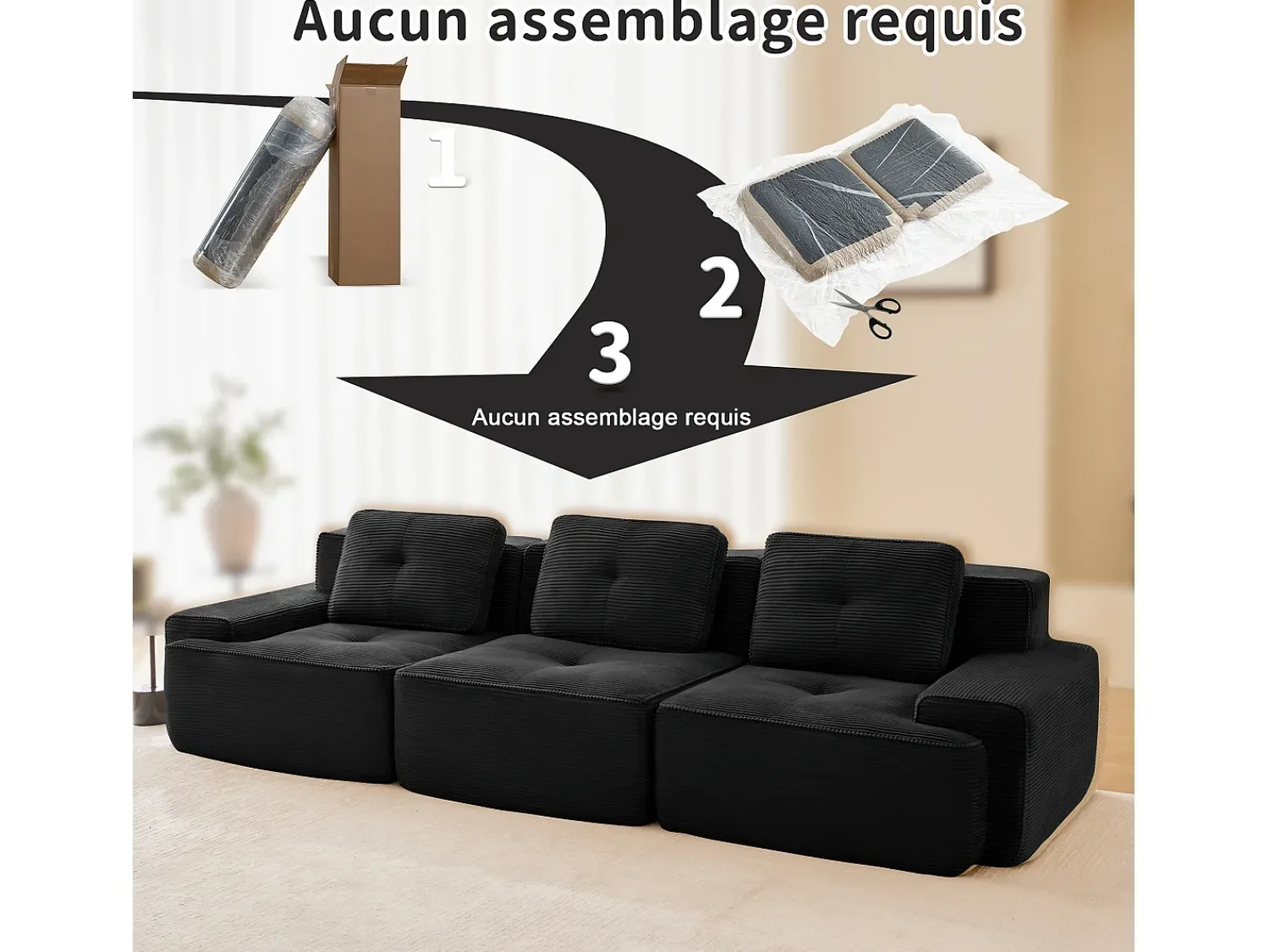 Sofá|DripeX Sofá Modular 3 lugares em Veludo cotelê, com 3 almofadas, assento extra profundo 74cm, 293x104x69cm, Preto