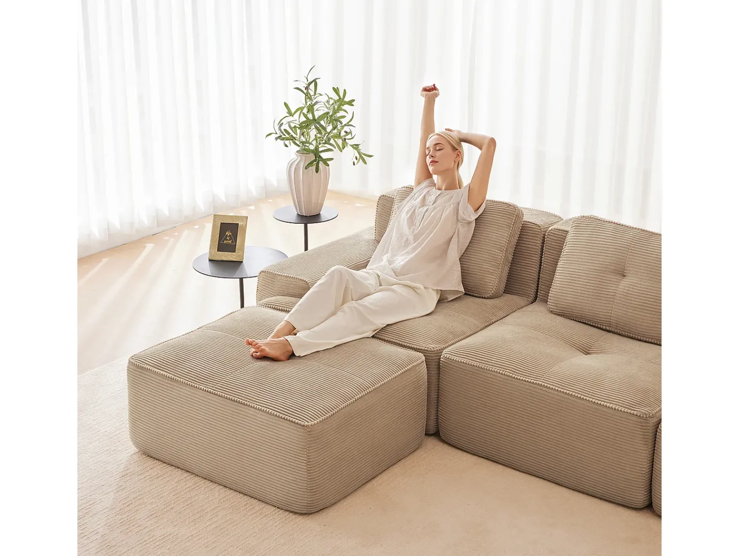 Discount DripeX Sofá Modular 2 lugares em Veludo cotelê, com puff e 2 almofadas, 204x177x69cm, Bege