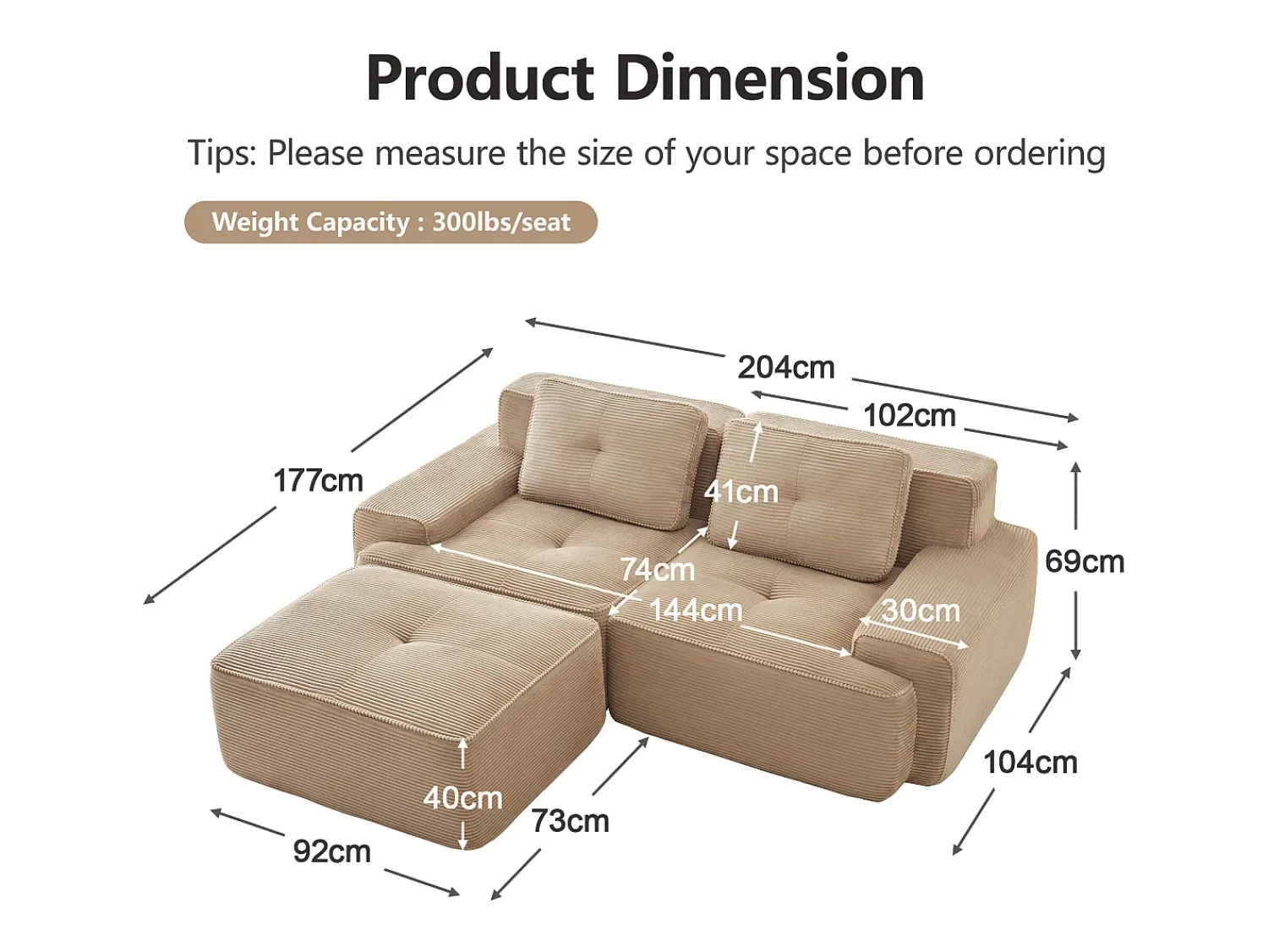 Discount DripeX Sofá Modular 2 lugares em Veludo cotelê, com puff e 2 almofadas, 204x177x69cm, Bege